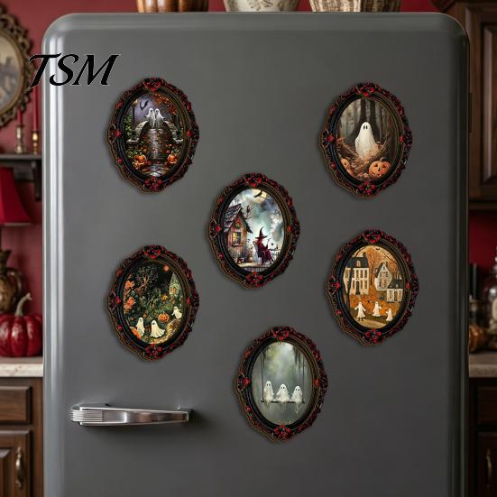 Spooky Witch Castle Wall Art Halloween Wooden Refrigerator Magnets, Vintage Gothic Oval Frame Fridge Magnets with Unique Kitchen Metal Surface