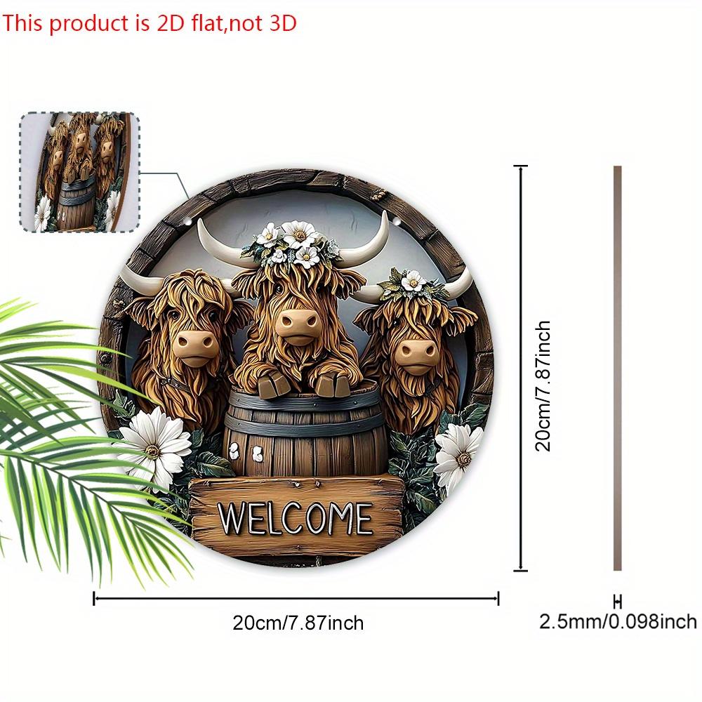 Retro Wooden Welcome Sign with Highland Cattle Design - Rustic Decorative Plaque for Farmhouse, Front Door, Herd Decorations