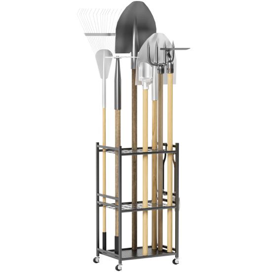 Garden Tool Organizer, 35-Slot Steel Rolling Rack with Wheels, Adjustable Feet Yard Tool Rack for Shovels, Rakes, Brooms and Cleaning Equipment,