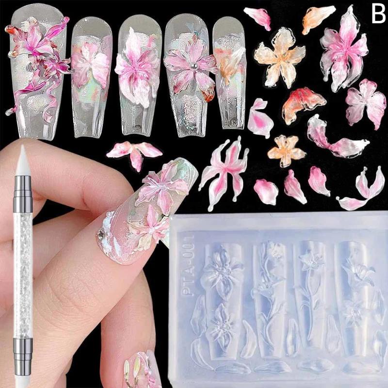 2/3 Stück Relief-Lilienblüten Nagel carving Form 3D Silikon Hibiskusblüten Blüten Modellier Schablonen Klare Harz Epoxid Nagel Werkzeuge