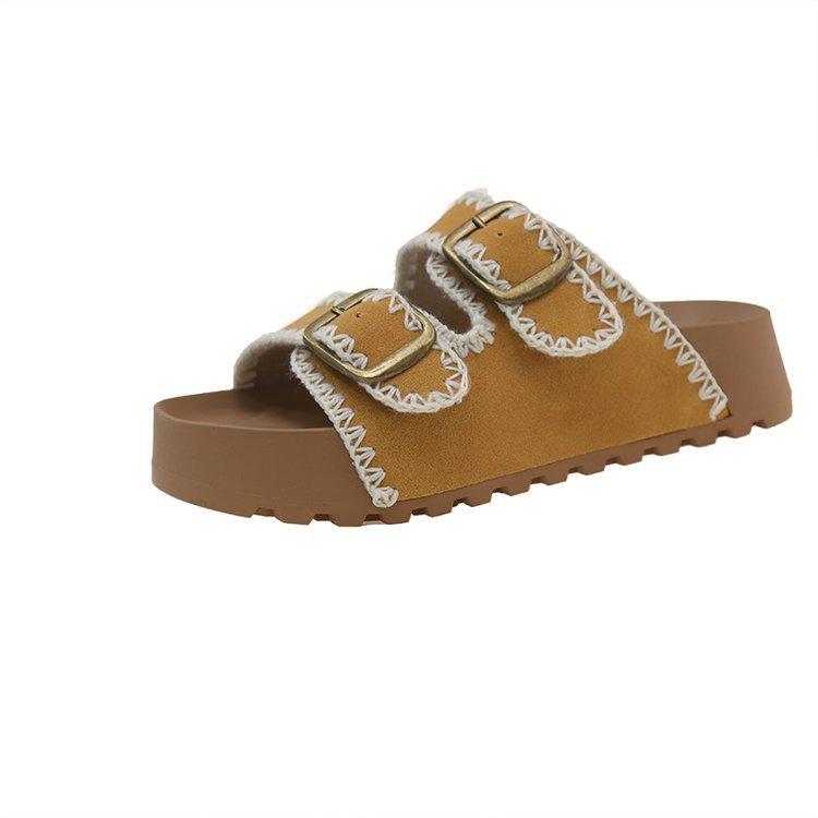 

2025 летняя мода корейская версия простого дизайна, чувство внешней одежды, толстый низ, металлическая пряжка, кожаная поверхность, интернет-знаменитость, слипы Birkencool 35 жёлтый