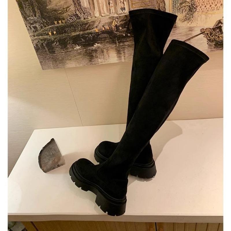 Skóra krowia~ Buty Damskie Gruba Podeszwa Małe Obcisłe Buty Jeździeckie Elastyczny Zamsz Buty za Kolano