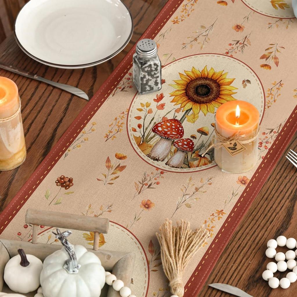 Artoid Mode Chinese Rural Style Pumpkin Bird Floral 210 GSM Fall Table Runner, Seasonal Autumn Kitchen Dining Table Decoration for Home Party Decor