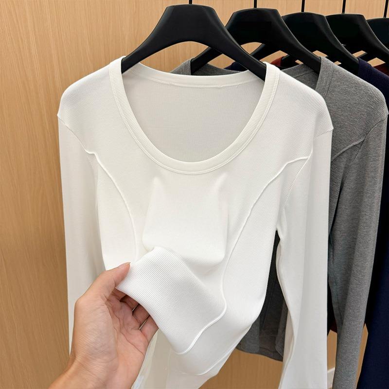 Simple front shoulder long-sleeved t-shirt women's spring new women's clothing slim-fit round neck t-shirt fish bone waist top