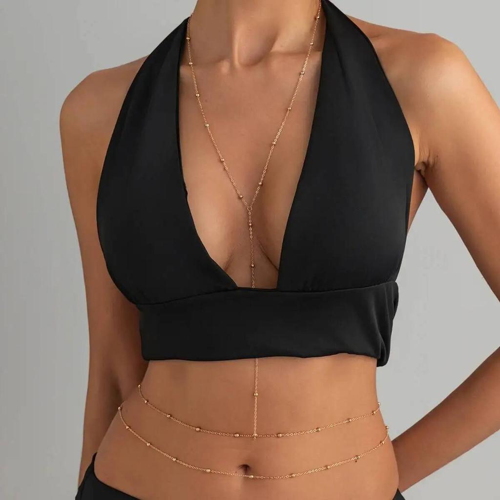 SHIXIN Sexy Minimalistisch Goldfarben Metall Dünne Taillenkette für Damen Trendige Sommer-Bikinis Gestapelte Perlen Bauch Körperkette Schmuck