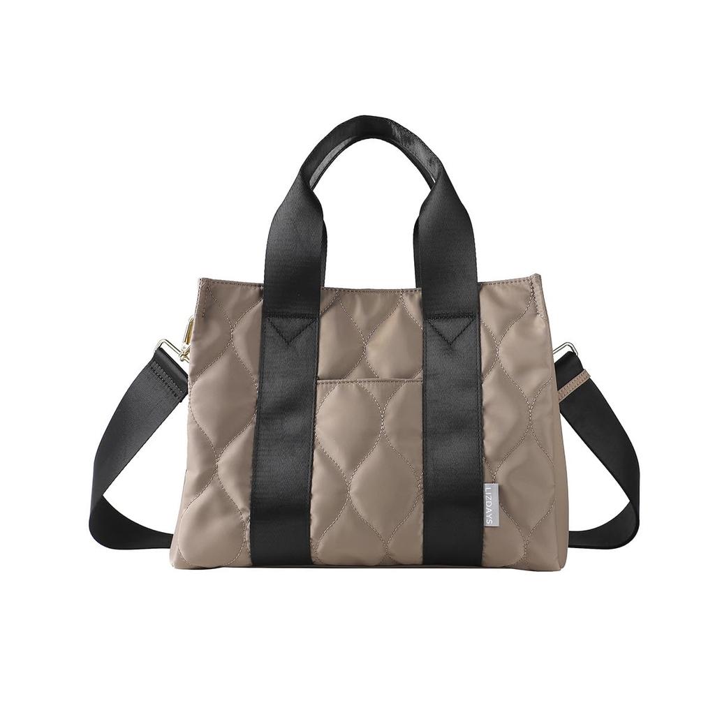 Lizdays Women's Lightweight Nylon Tote Bag with A4 Dividers, Shoulder Bag, Crossbody Bag (Gray BeigeBlack)