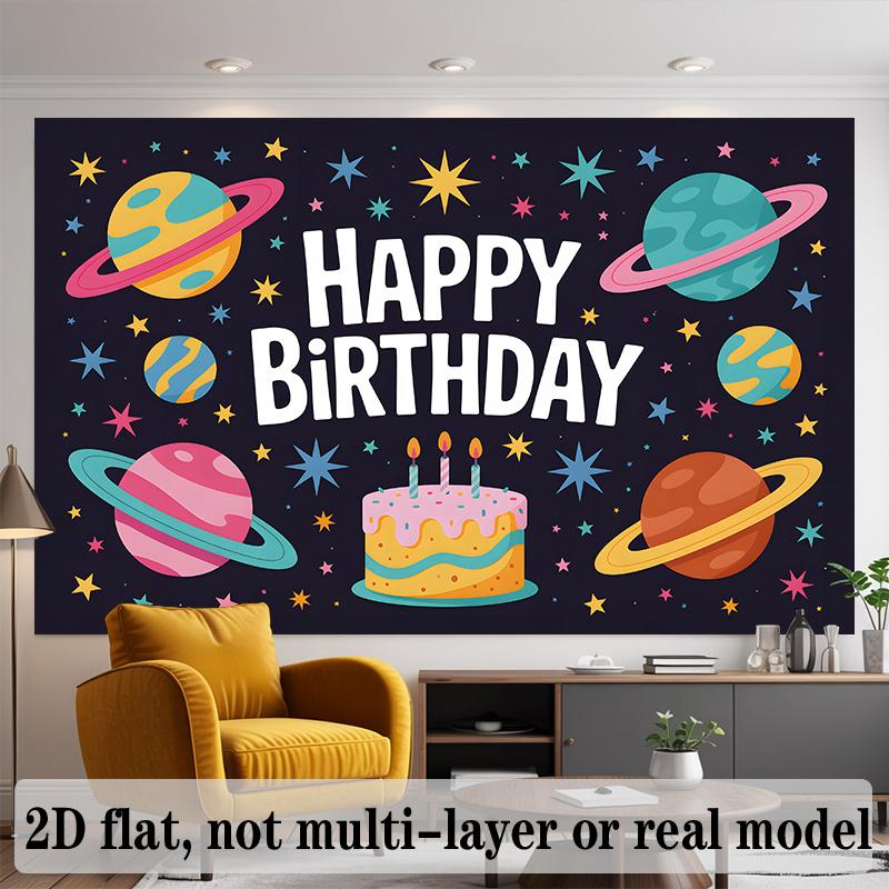 Planets Stars Birthday Banner, Space Photo Backdrop Wall Decor for Kids Party