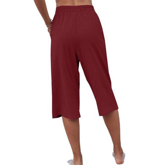 Women Cropped Pants Elastic Waist Pocket Straight Wide Leg Solid Color Daily Wear Thin High Waist Women Trousers Female Clothes