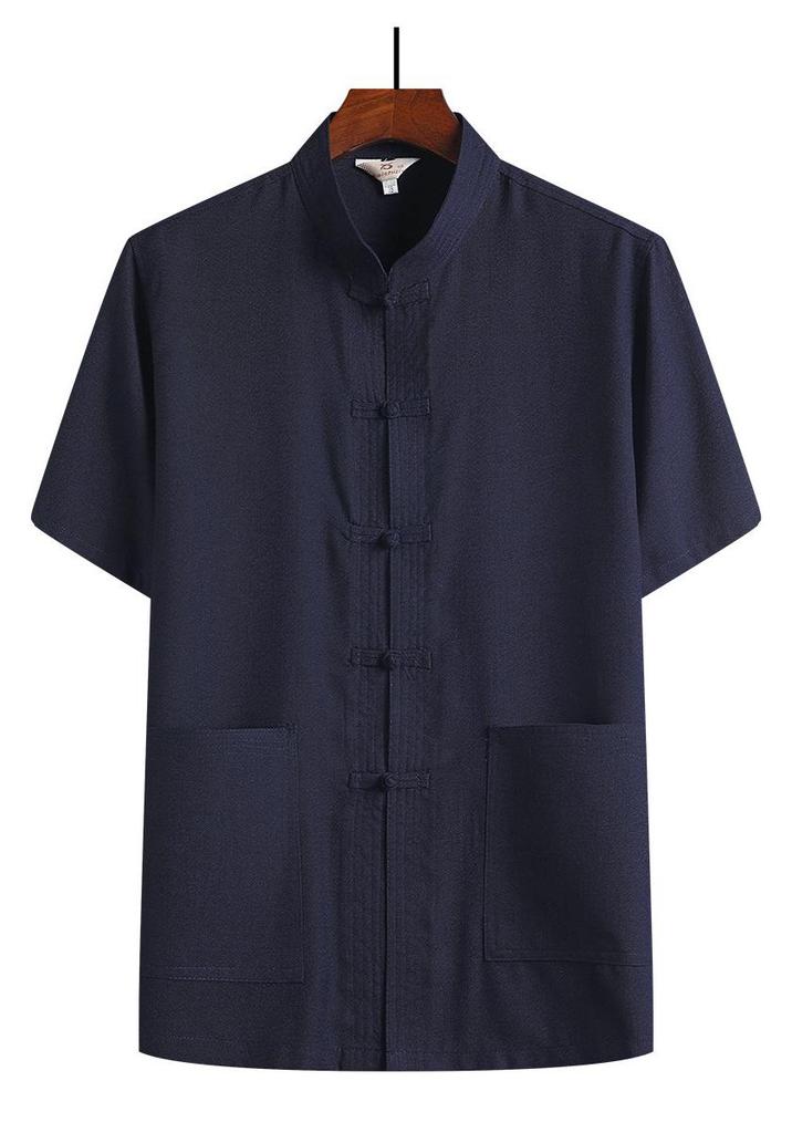 Men’s Summer Cotton Linen Tang Suit Top - Short Sleeve, Frog Button, Loose Fit, Casual Style for Middle-Aged & Elderly