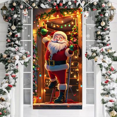 Large Santa Claus Christmas Door Cover 2025 Xmas Outdoor Decoration Funny Santa Hanging Backdrop for Home Porch Front Door