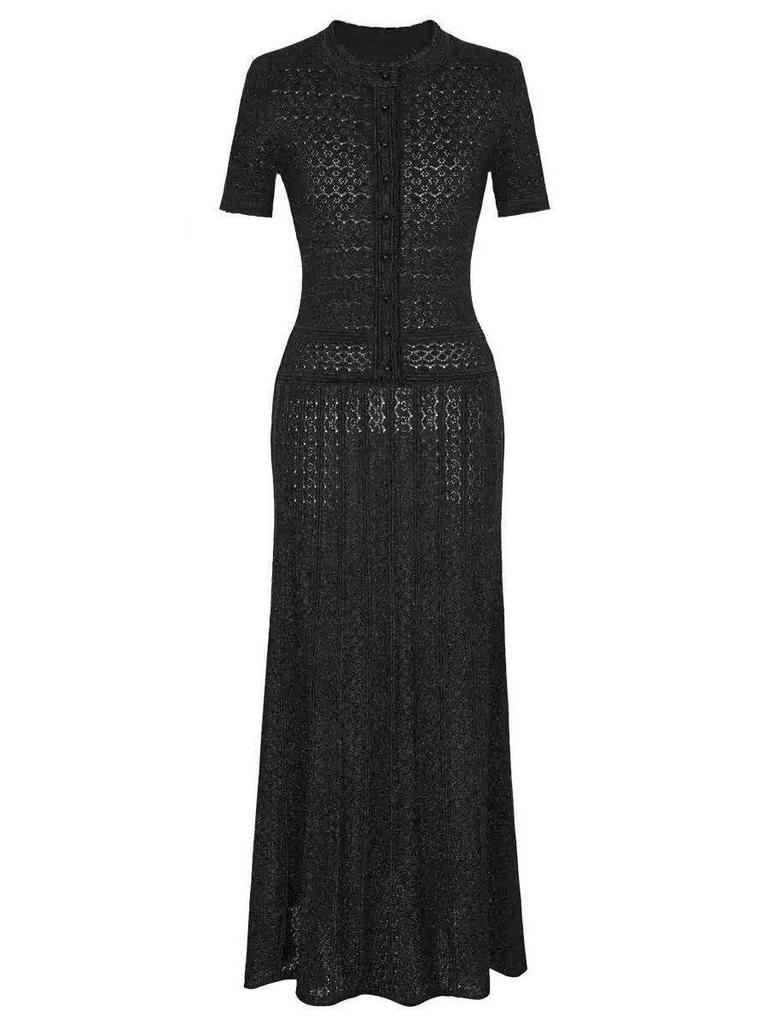Rochie Lungă Elegantă S5 Primăvară/Vară cu Imprimeu Floral Francez, Decolteu Rotund, cu Nasturi