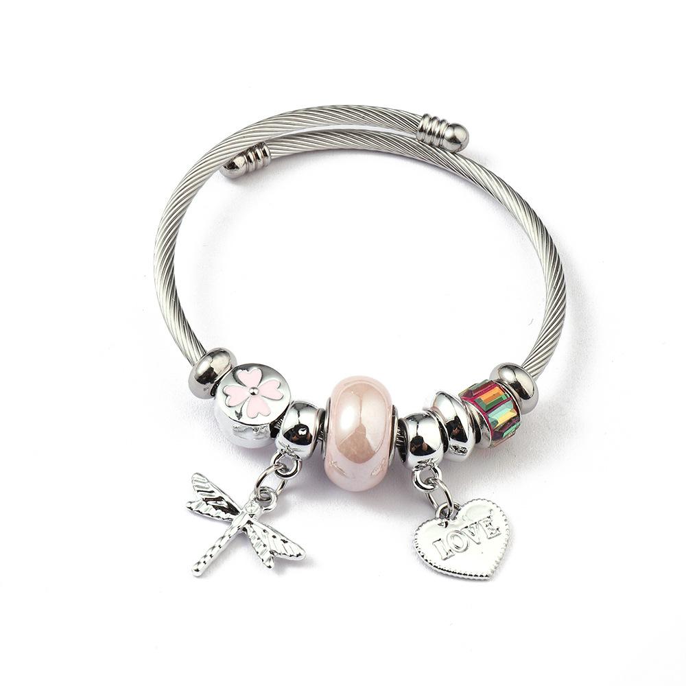 

Sweet And Fashionable Pink Beaded Bracelet With Stainless Steel Bead Charm Bangle