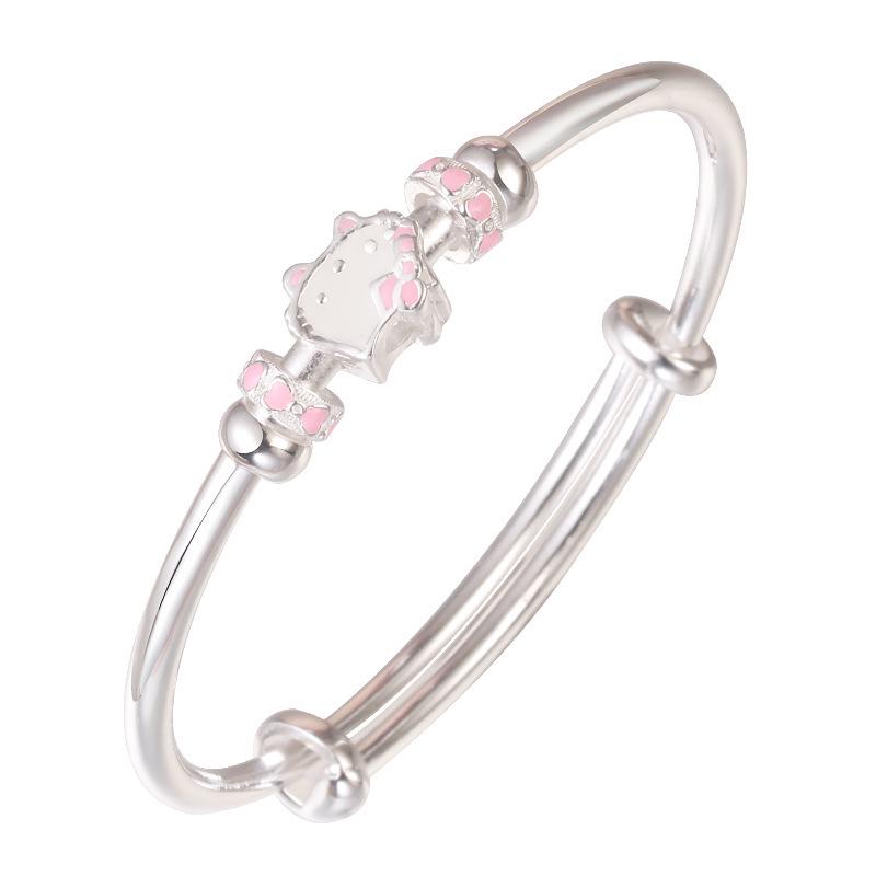 Sterling Silver Cartoon Kitten Bracelet for Girls (Ages 4-15) - Push-Pull Design