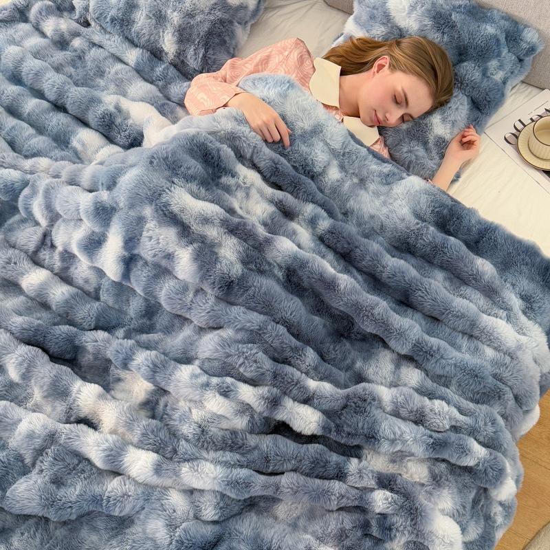 Light Luxury Imitation Rabbit Fleece Blanket Tie-dye Bubble Fleece Double-layer Warm Soft Living Room Bedroom Sofa Blanket