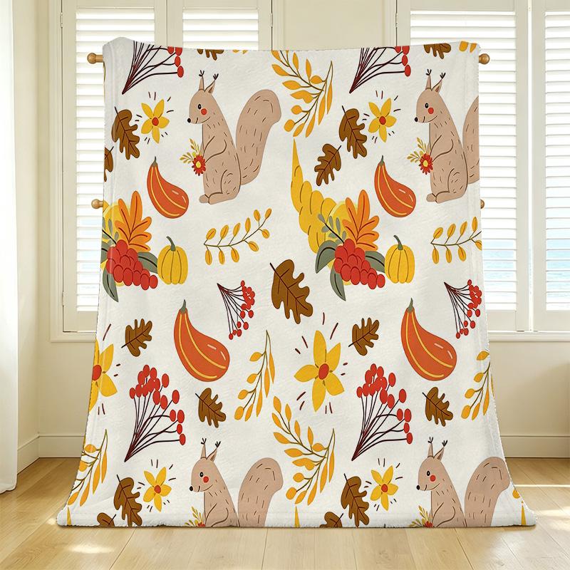 Cute Squirrel Design Flannel Fleece Throw Blanket Bound Edge, Soft Cozy Warm Sofa Cover for Home Casual Relax & Decor