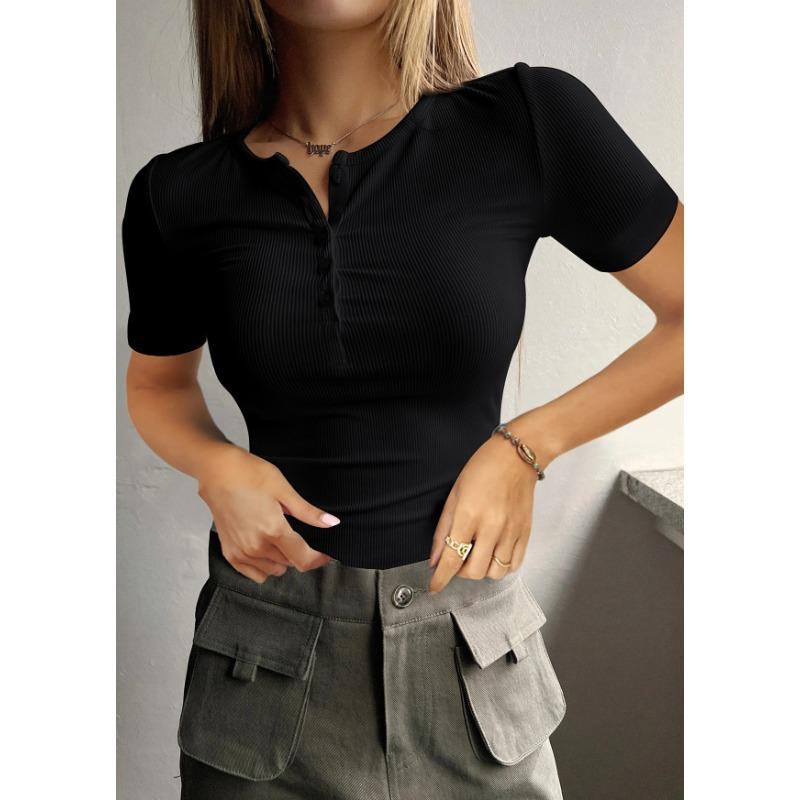Women s Black Ribbed Henley Neck Short Sleeve T-Shirt S чёрный
