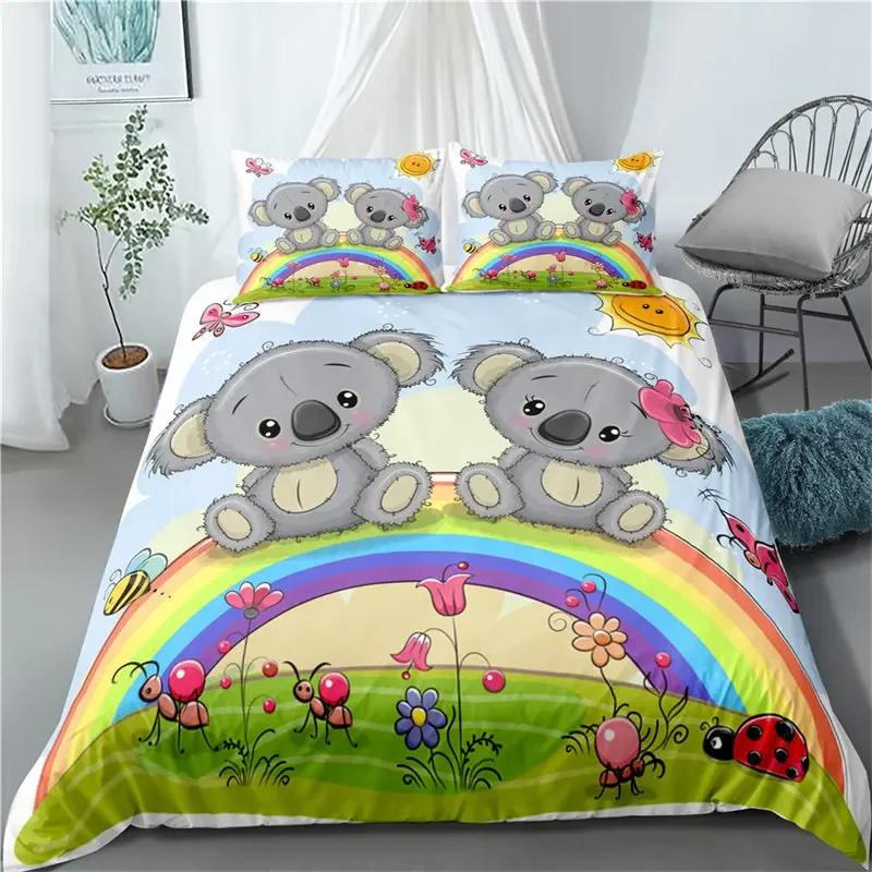 Cartoon Koala Cute Animal Leaves Flowers Comfortable Duvet Quilt Cover Pillowcase Bedding Set Bedroom Decoration Home Textile
