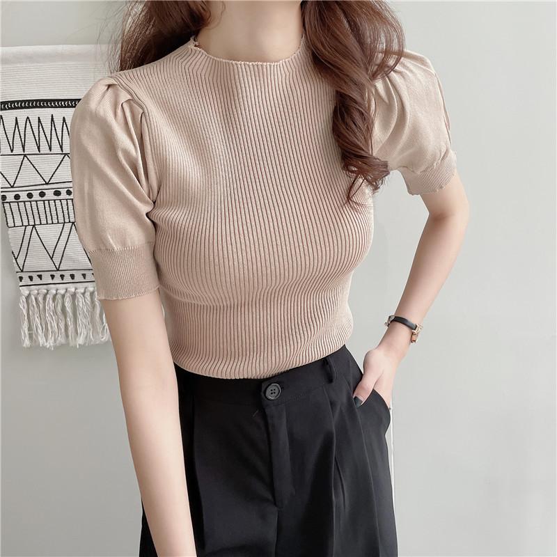 

Новый корейский стиль полуводолазка с короткими рукавами трикотажный топ для женщин летняя тонкая облегающая футболка нижняя рубашка One size