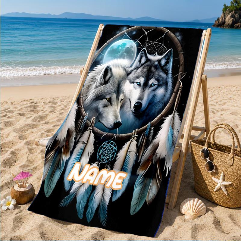 Personalisierbares Strandtuch mit Wolfsgeist-Motiv, Mikrofaser-Strandtuch, Leicht und Schnelltrocknend, für Sommerreisen, Schwimmbad-Geschenk