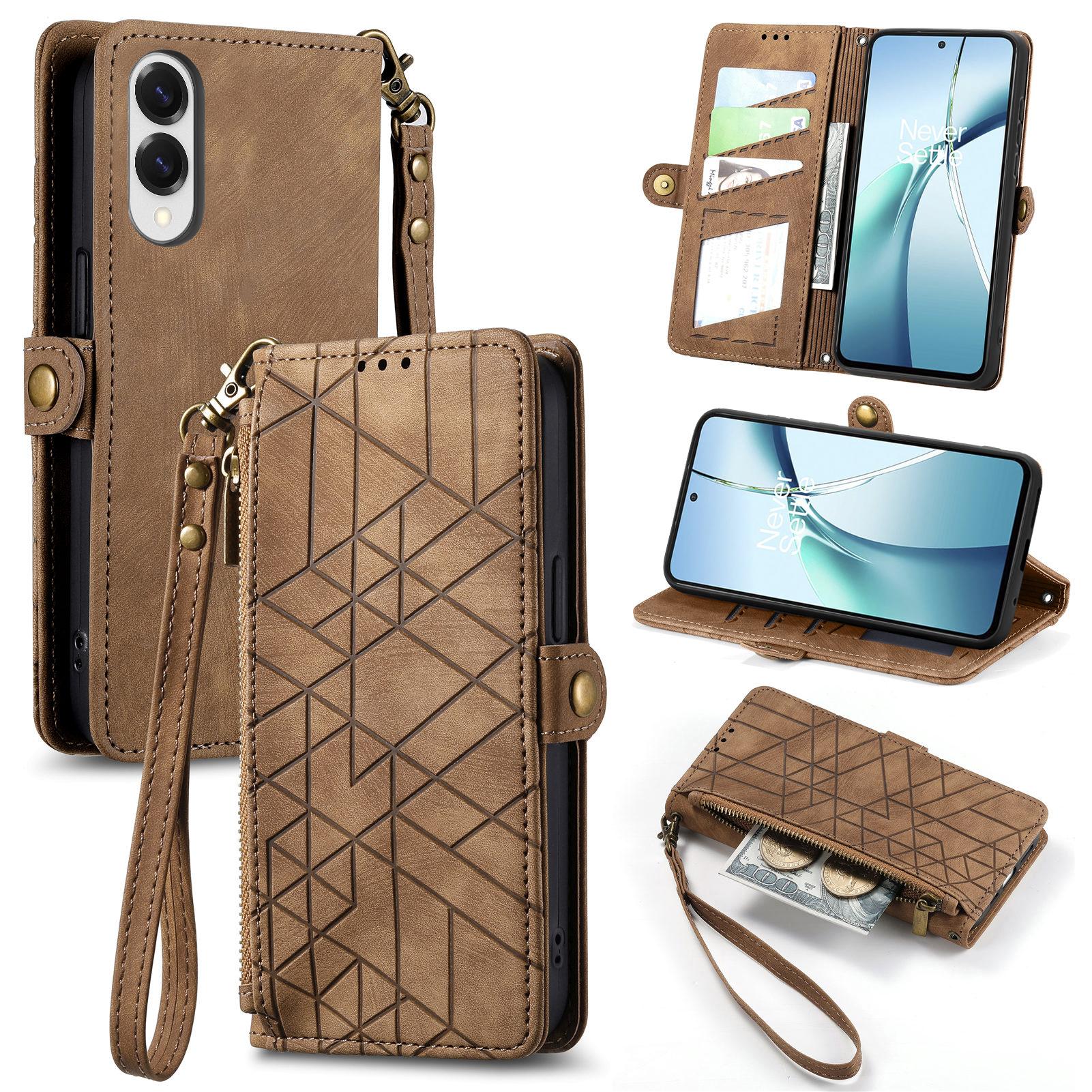 

For Samsung Galaxy S25 Edge Zipper Wallet Case Geometry Lines Leather Phone Cover with Strap Brown