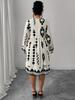 Foreign trade autumn and winter new dress large size fat mm printed bubble sleeve V-neck dress high waist and thin dress