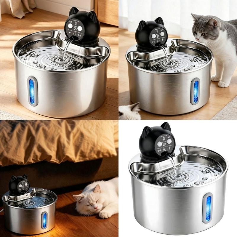 Indoor Pet Waterer with 304 Metal Tray, Front Level Window and Lifted Outlet for Daily Household Drinking Use Home