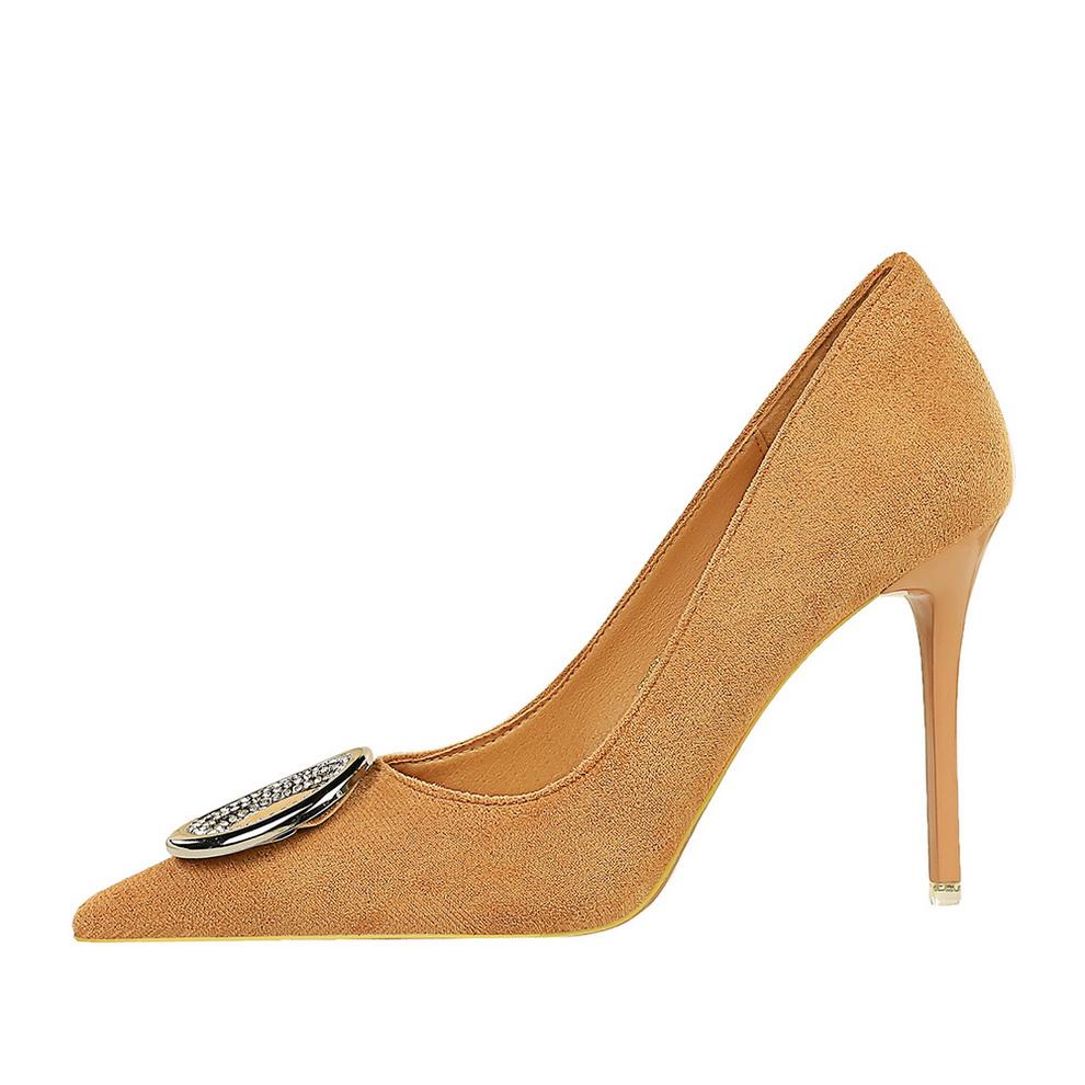 Dámské boty s úpravou chodidla pro zeštíhlení, Super vysoké podpatky, Semiš, Mělký výkroj, Špičatá kovová spona s kamínky, Lodičky na vysokém podpatku