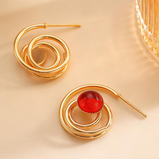 1 Pair Women Earrings Hollow Spiral Design Multi-Color Faux Gemstones Inlaid Electroplated Earrings Jewelry Accessories