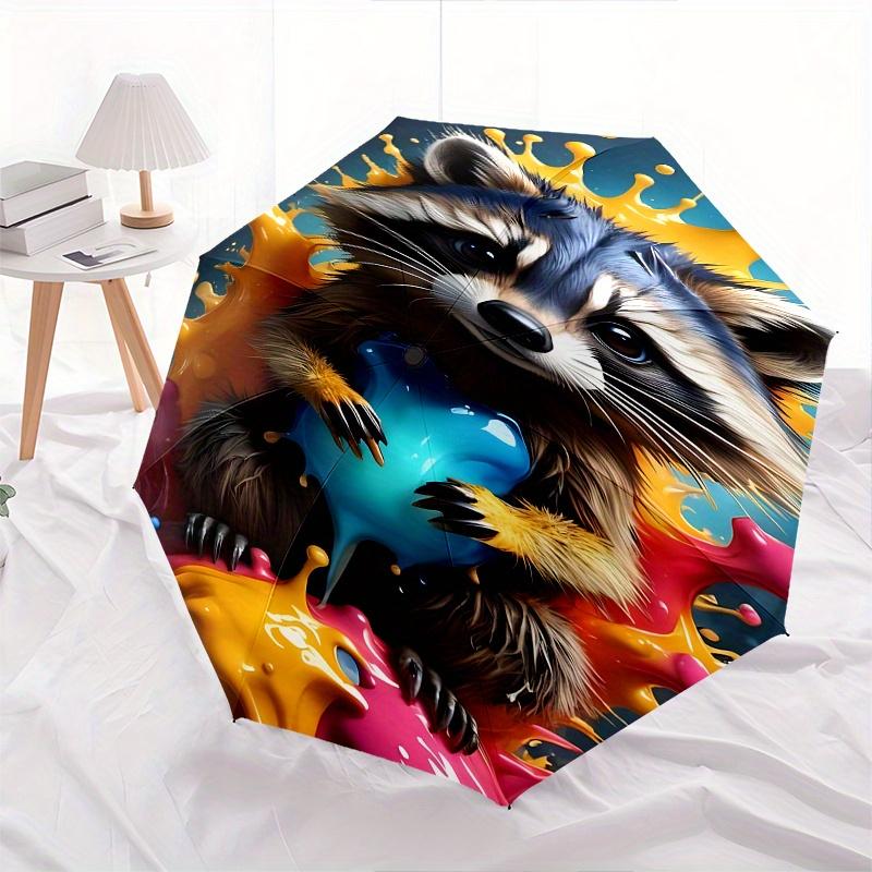 Raccoon Art Theme Automatic Open/Close Umbrella, Portable 3 Fold Compact Umbrella for Men & Women, Valentine's Day Mother's Day Gift0725053