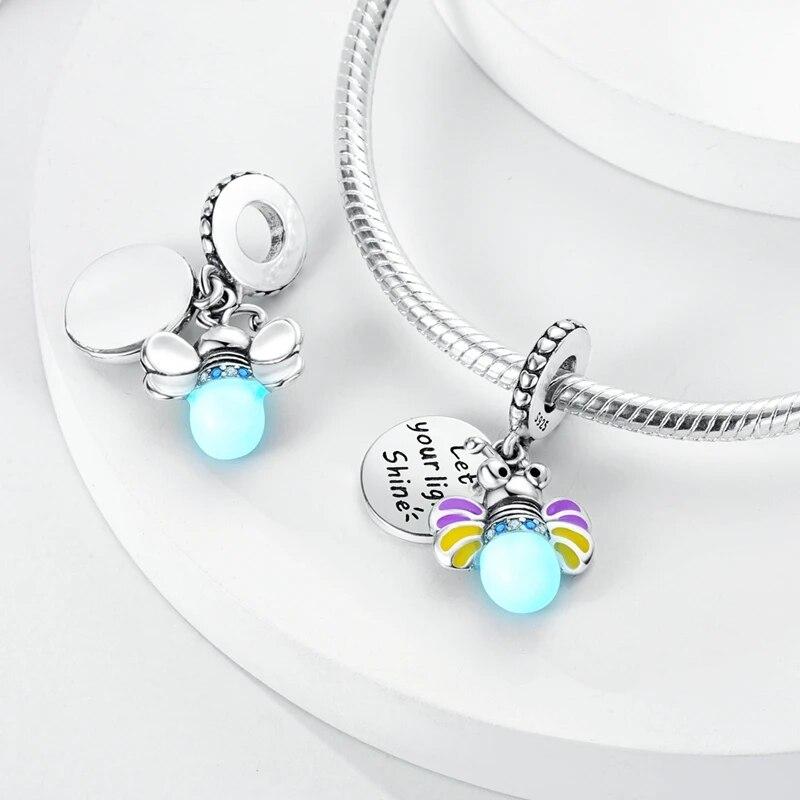 Charms Plata De Ley 925 Sterling Silver Glow-in-the-dark Bulb Firefly Dangle Charm Fit OriginalNew Bracelet Women Jewelry