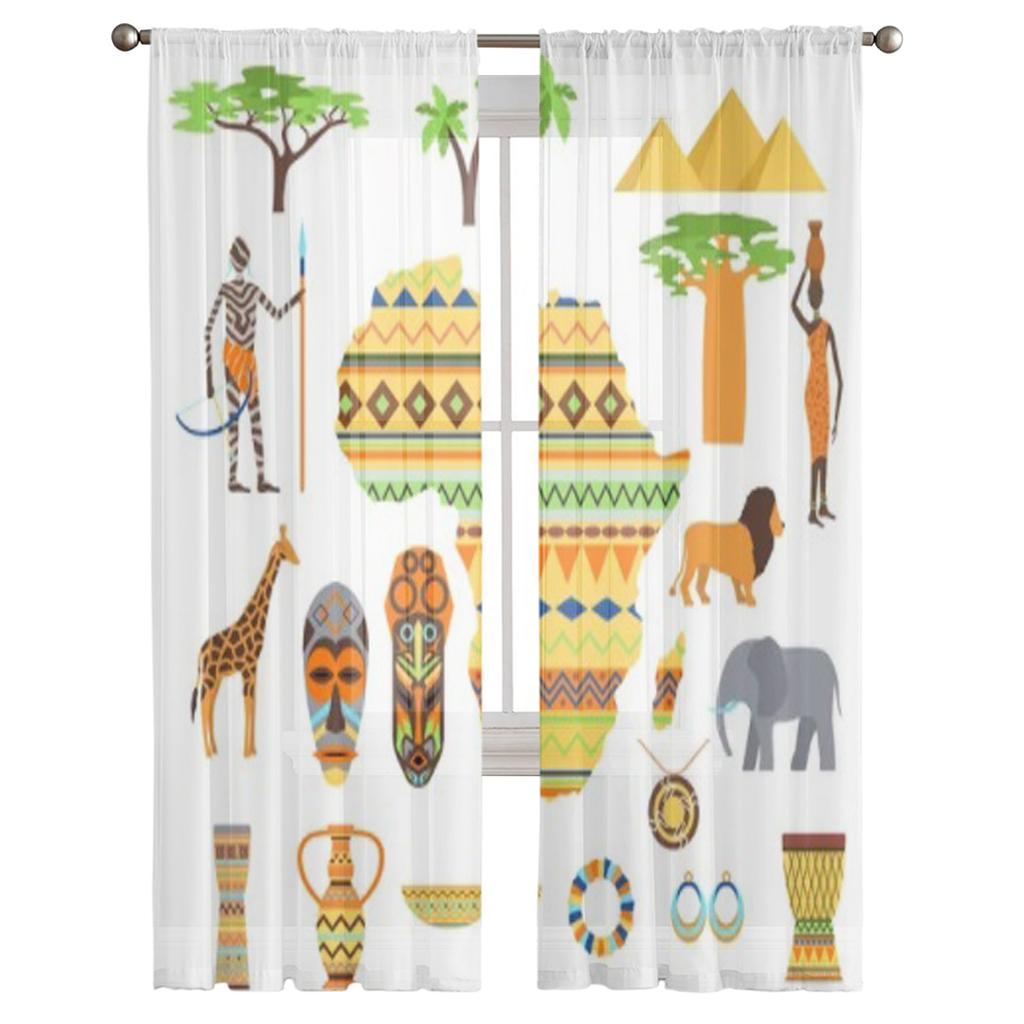 Afrika Symbole Und Reise Vektor Set Tüll Transparente Vorhänge für Wohnzimmer Schlafzimmer Küche Dekoration Voile Organza Vorhänge