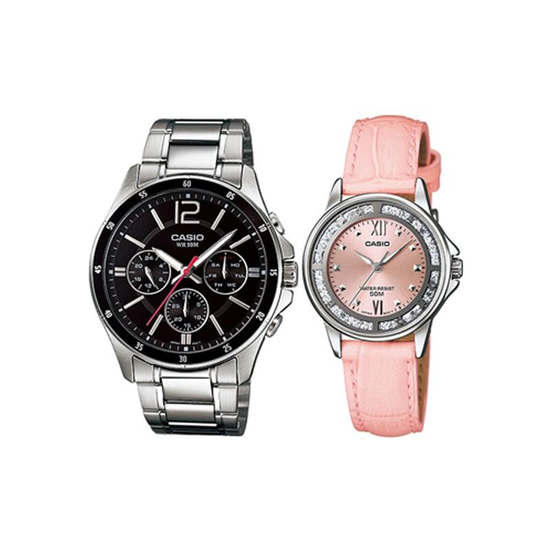 CASIO Unisex Pair Table Series Black Watch MTP-1374D-1A P-1391L-4A Regular Watch Box