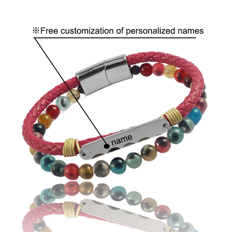 

Charm Personalized Family Name Stainless Steel Clasp Pink Leather Bracelet Women s Agate Beaded Bangles Jewelry Fashion Gift 17.5cm серебряный
