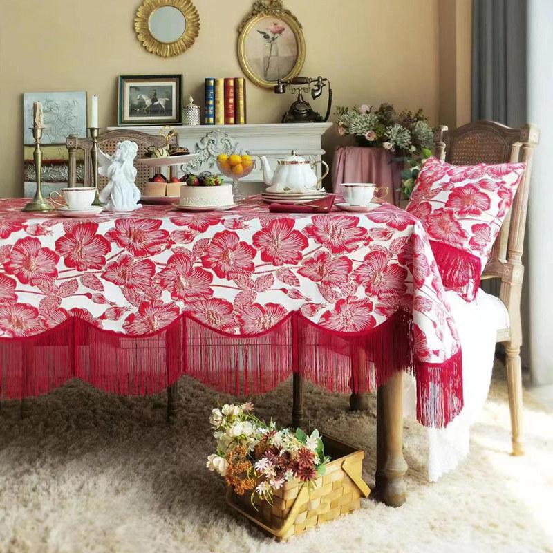 Gold Thread Wedding Tablecloth Rectangular Tassels Square Jacquard Coffee Dining Table Cover Christmas Party Decor