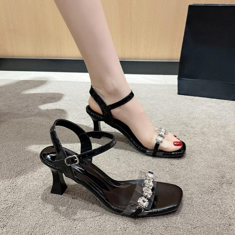 Fashion Transparent Crystal Mid-heeled Women's Shoes 2025 Summer Sandals Female Fashion Flowers Buckle Dress Sandals