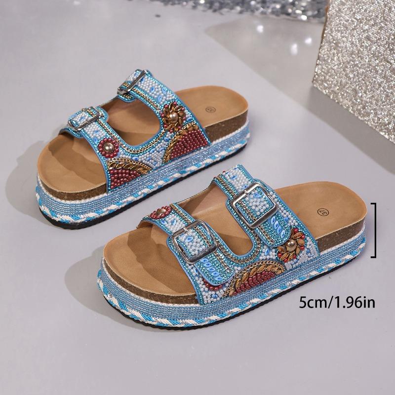 Women's Plus Size Summer Platform Chunky Sole Color Block Rhinestone Double Buckle Cork One Strap Slide Sandals