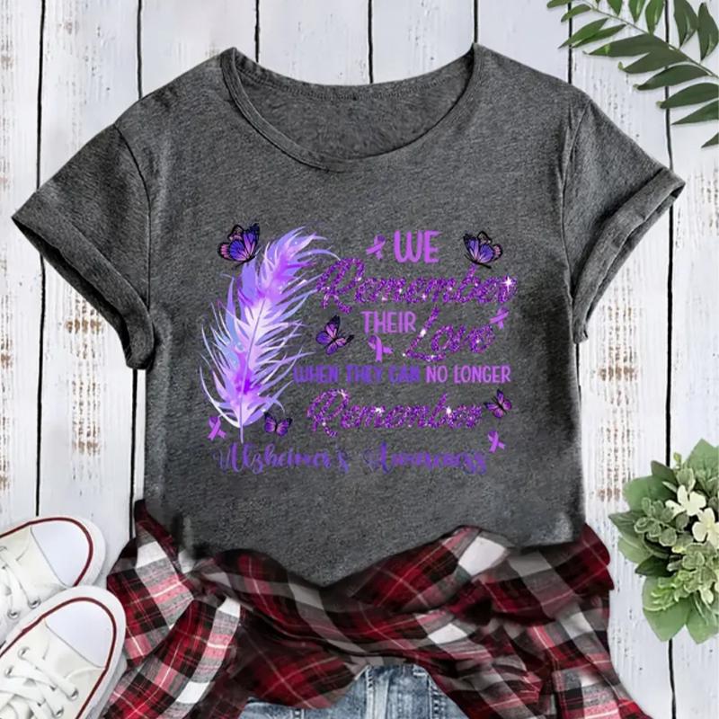 Fashion Women Purple Feather Letters Print T Shirt Funny Casual O-neck Short Sleeves T-shirt Summer Female Tee Shirt