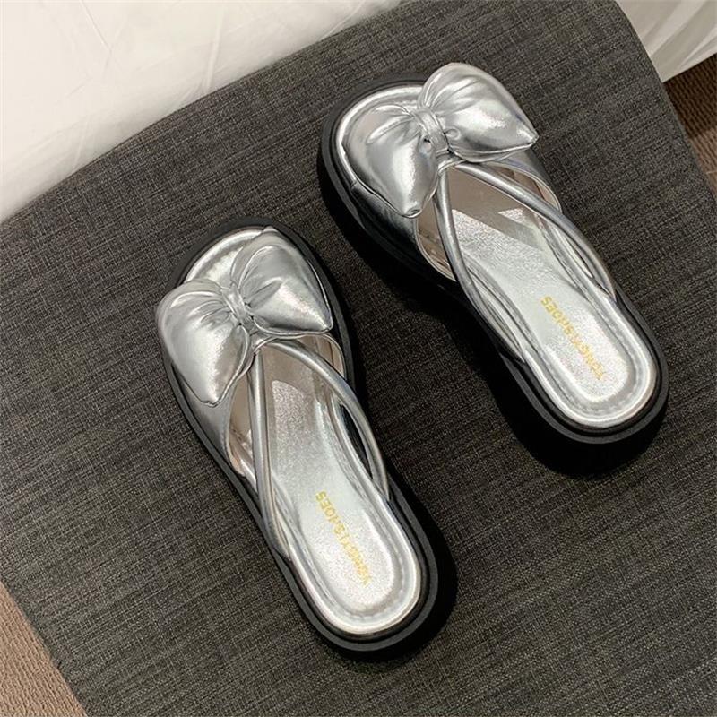 

Fairy style bow thick sole heightening cool slippers female summer wear 2025 new fashion with skirt beautiful sandals 40