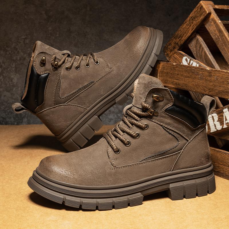 Spring and Autumn Men's Round Toe Shoes Are Fashionable Cool Trendy Versatile High-quality Casual Leather Lace Up High Top Shoes