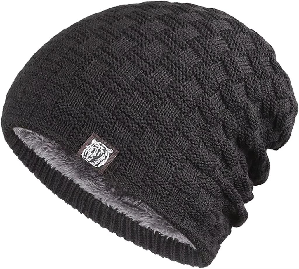 Mens Plush Lining Beanie Winter Hat Outdoor Sports Keep Warm Knitted Skully Hat Cycling Camping Cap Cold Weather Gear