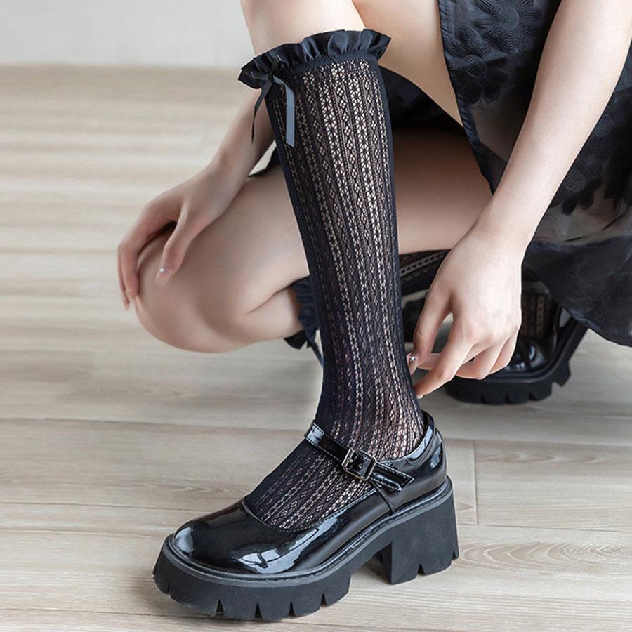 Lace Hollowed-out Lace Socks Midtube Socks Mesh Thin Breathable Mary Jane Bow Pile Pile Calf Socks Jk Summer