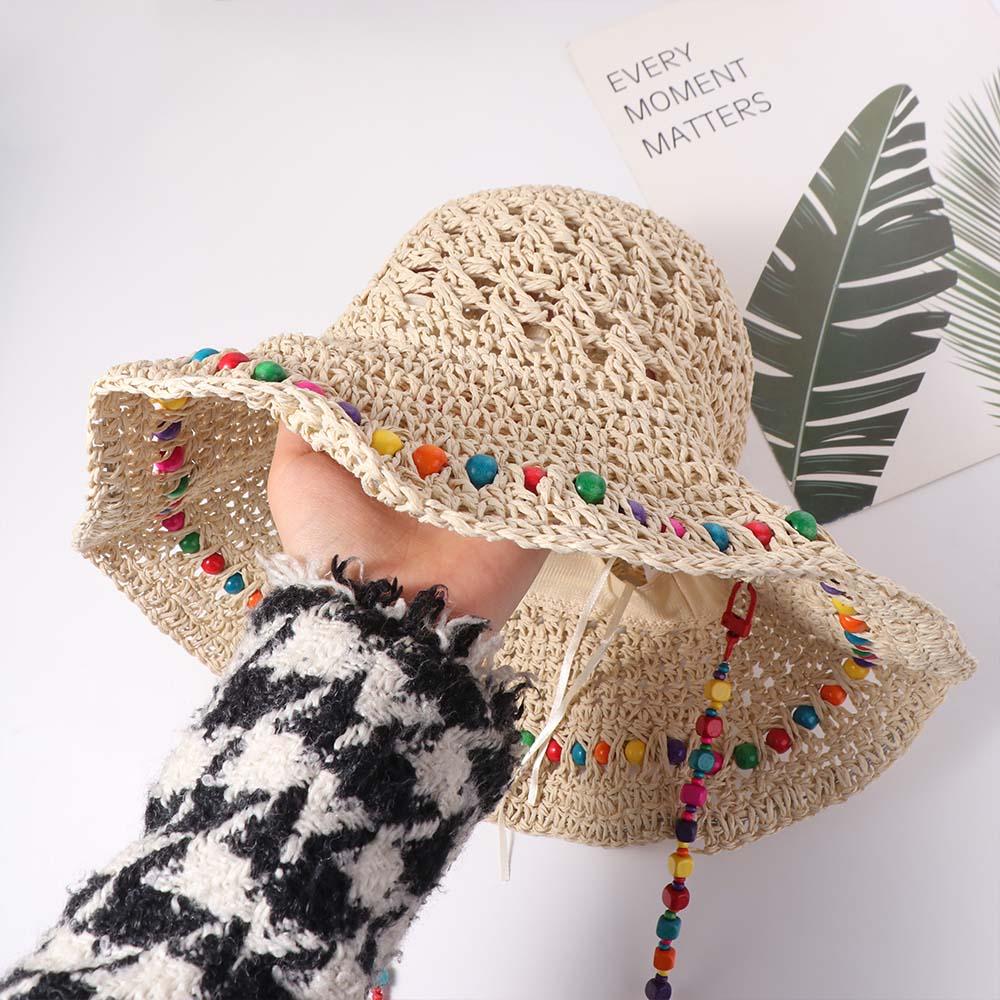 Spring Summer Women Straw Hat Colored Beads UV Protection Cap Foldable Big Brim Sun Hat  Female