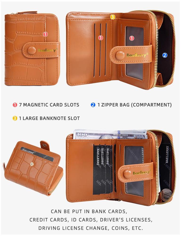 Elegancki damski portfel o fakturze kamienia z wieloma przegródkami na karty i kieszenią na monety zapinaną na zamek.