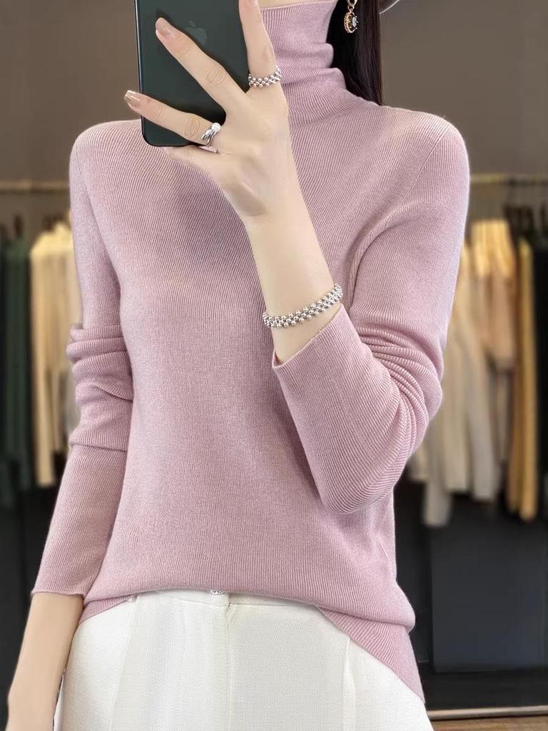 Women's Seamless Ribbed High-Neck Wool Base Layer: Long-Sleeve, Thin, Versatile Knit Top for Spring