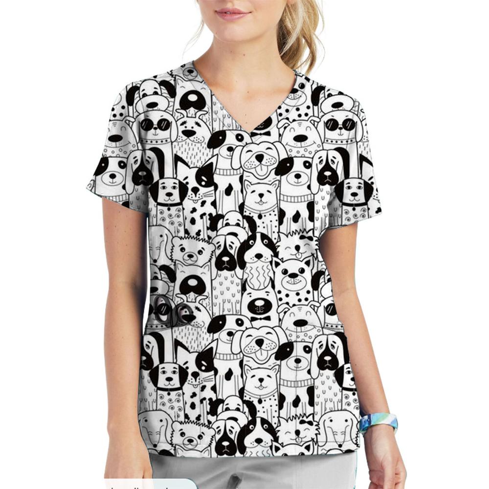 Krankenschwester Uniform V-Ausschnitt Cartoon Katze Hund Muster Bedruckte Oberteile Kurzarm Taschen Damen T-Shirts