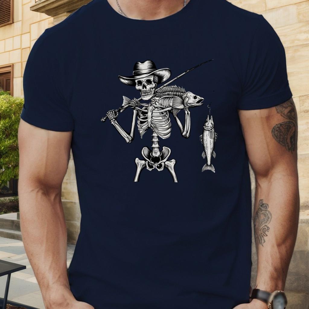 Men Skeleton Fisherman Graphic T-Shirt Short Sleeve Round Neck Tee with Edgy Fishing Theme Design Clothing