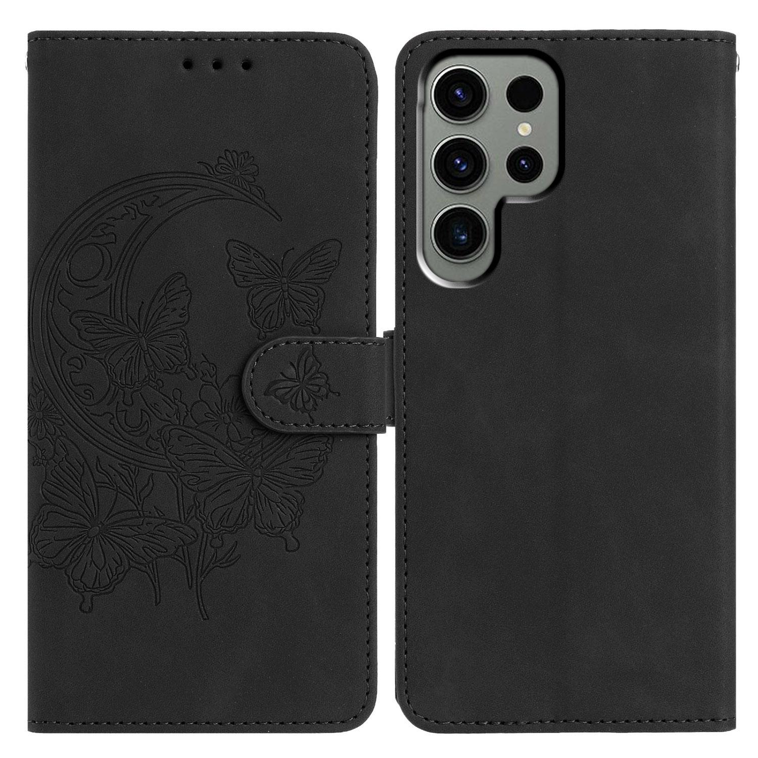 

For Samsung Galaxy S24 Ultra Case Butterfly Flower Imprinted PU Leather Wallet Stand Phone Cover Black