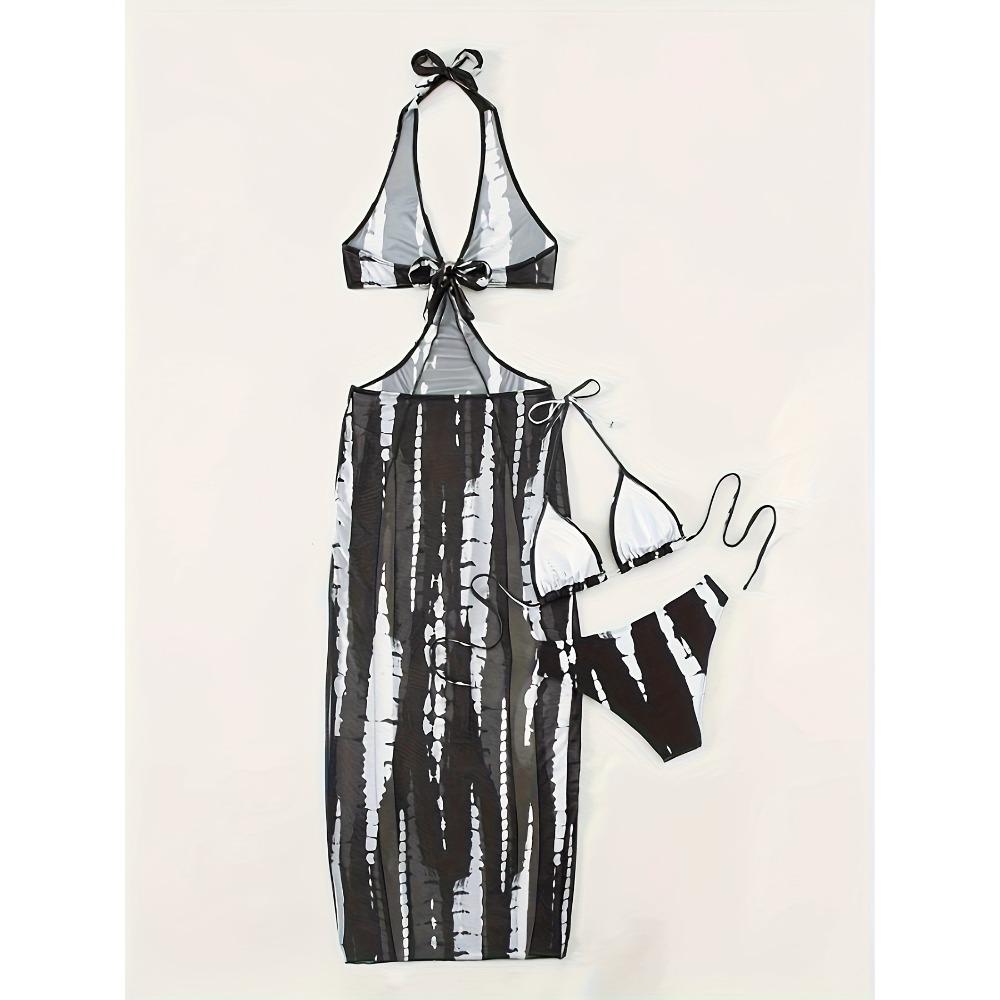 Tie Dye 3 Piece Set Bikini, Halter Neck Triangle High Cut With Ring-Linked Mesh Cover Up Dress Swimsuits, Women's Swimwear & Clothing