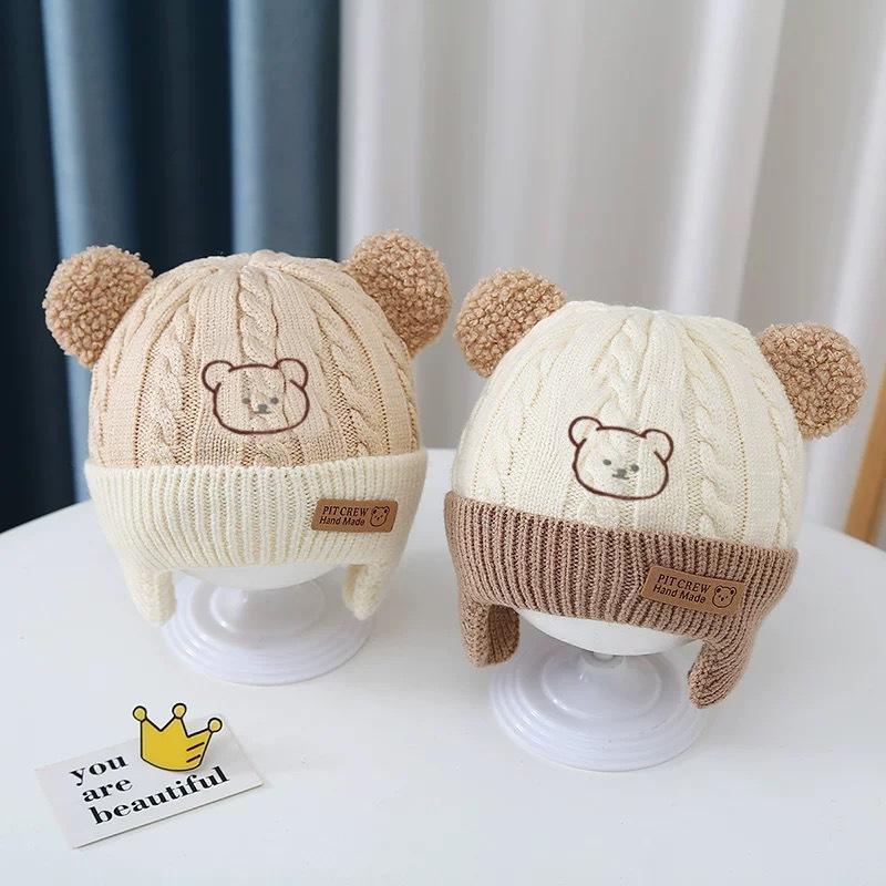 Baby Hat Cute Cartoon Bear Ear Protection Hat with Pom Pom Children Winter Thickened Warm Knitted Hats Korean Kids Beanie Caps