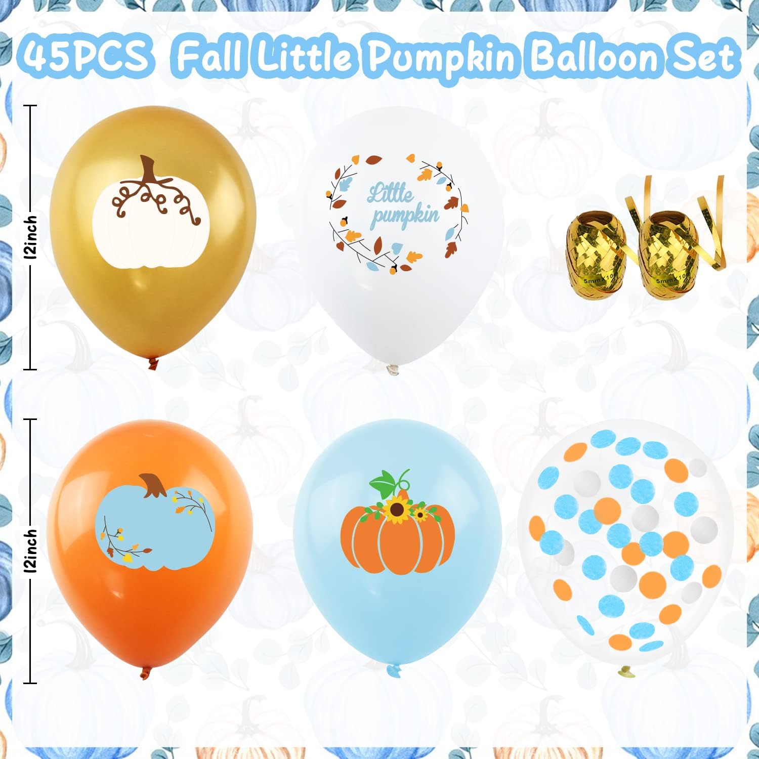 Blue Little Pumpkin Balloons, Fall Balloons Maple Leaf Balloon Garland with Confetti Balloon for Boy Little Pumpkin Baby Shower Birthday Thanksgiving